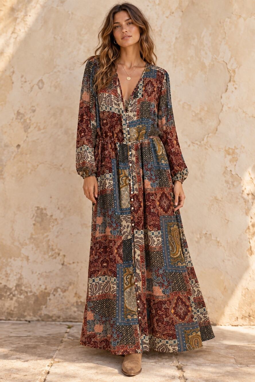 Stilletto’s Patchwork Maxi Boho Kaftan Dress Women’s XL Peasant Multi Paisley